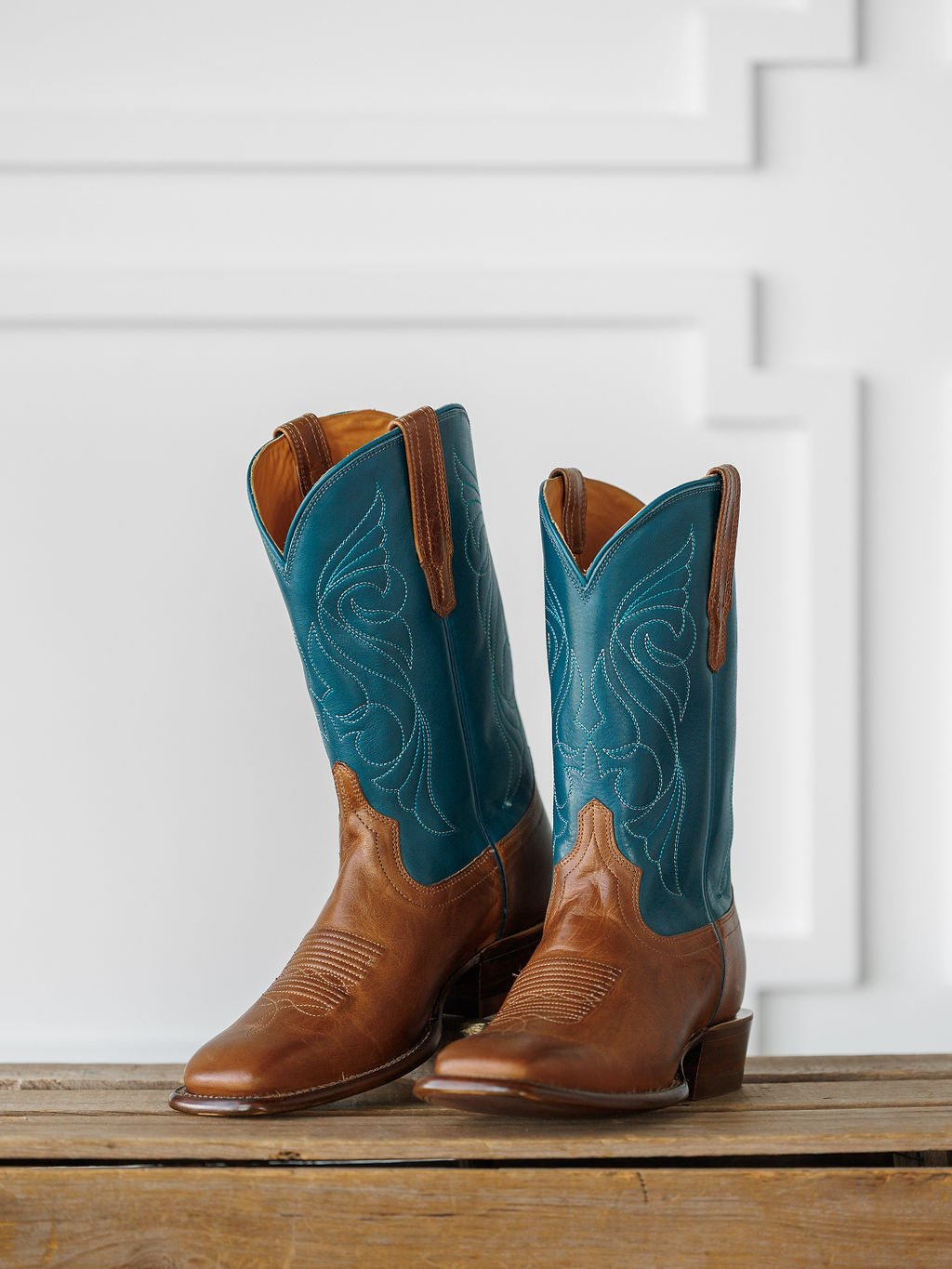 teal dress brown boots The Maggie Crest Tan/Teal Goat / 9 Size:US48 2.25 inch heel Fits bestsellers25 Bec + Bridge Symone