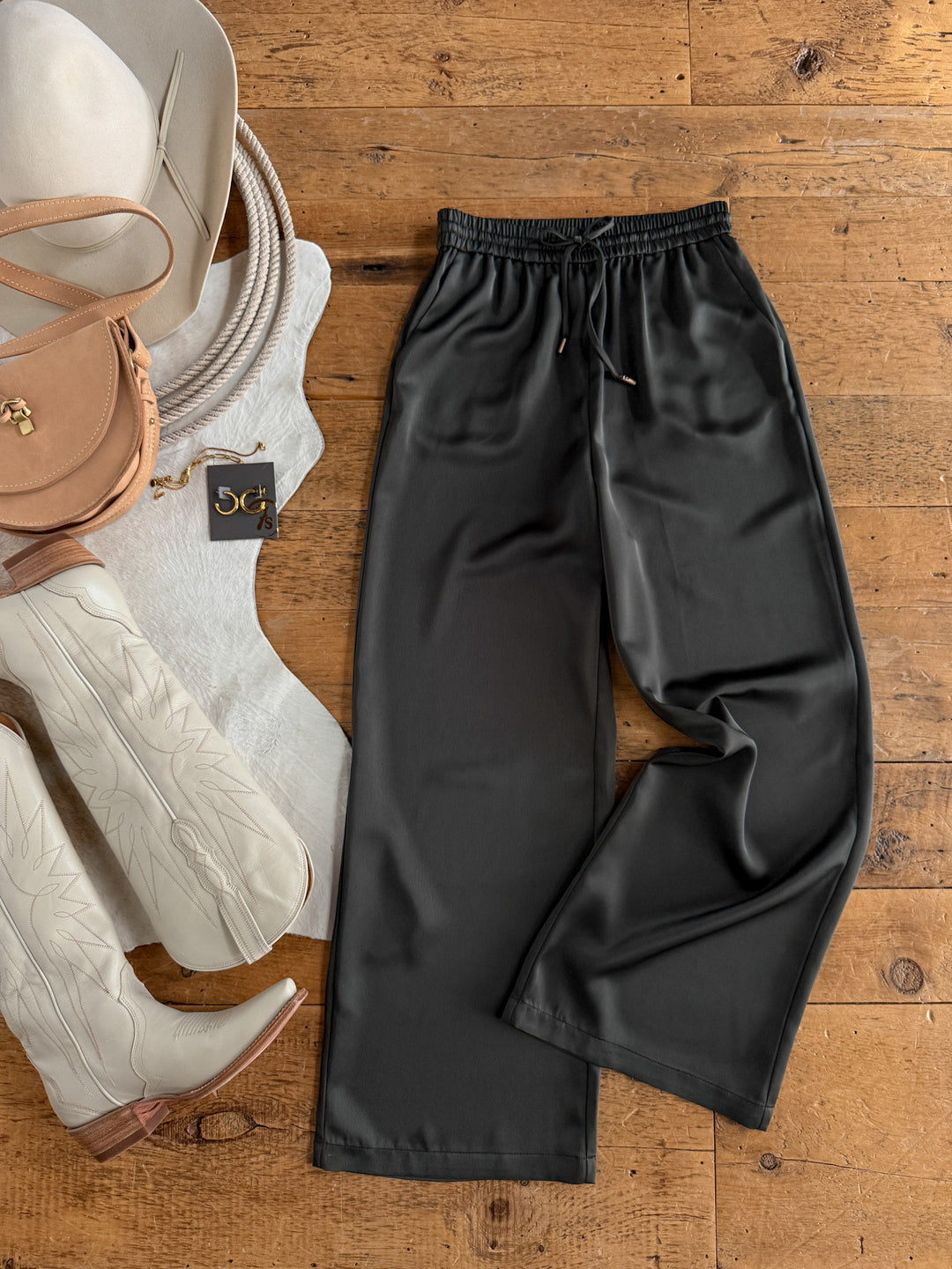 Geneva Olive Satin Wide Leg Pants