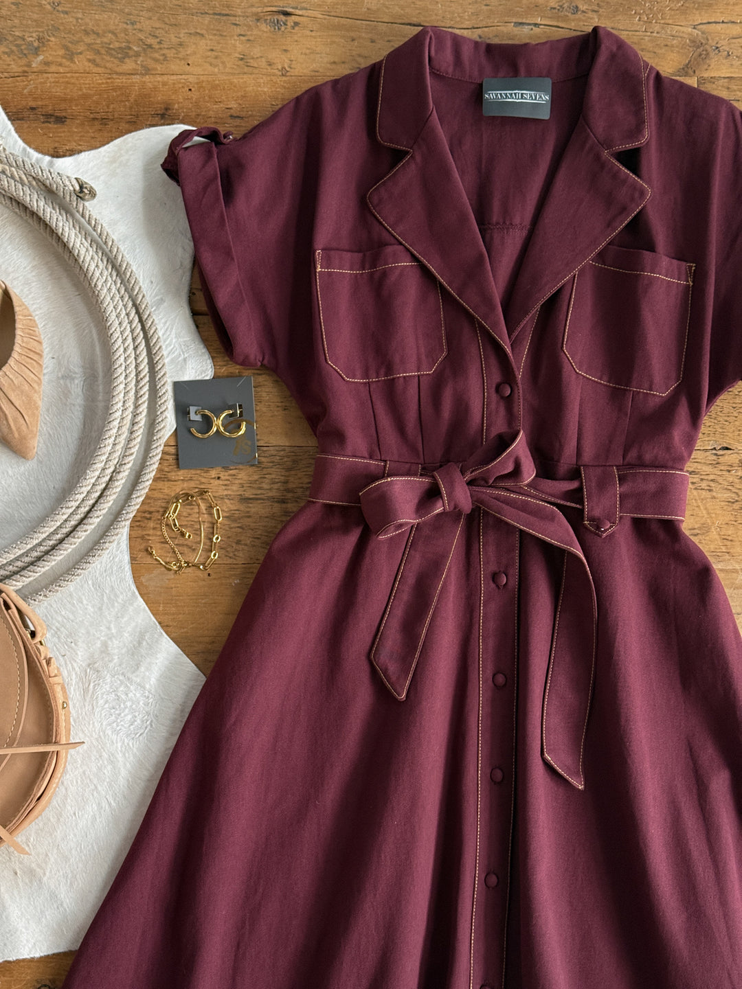 Barada Wine Button Up Dress