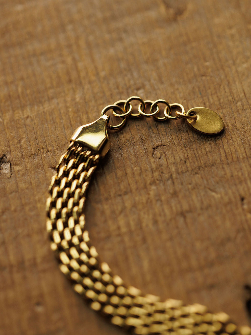 The Vienna Bracelet by Savannah Sevens western life{&}style is a hypoallergenic 18K gold filled chain with a clasp and extension links, shown in a close-up on a textured wooden surface.