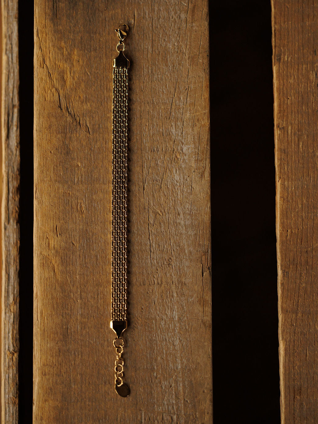 The Vienna Bracelet by Savannah Sevens western life{&}style, a hypoallergenic 18K gold filled chain with a lobster clasp and adjustable links, is displayed flat on a rustic wooden surface.