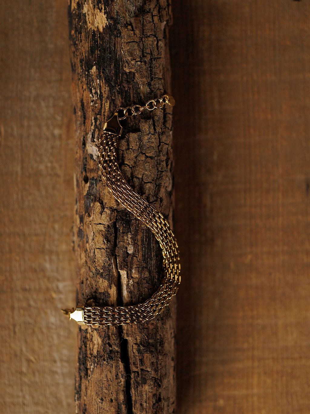 The Vienna Bracelet by Savannah Sevens western life{&}style features a gold braided S-shape design, resting on a textured wooden surface with a warm brown background. This 18K gold-filled piece is hypoallergenic.
