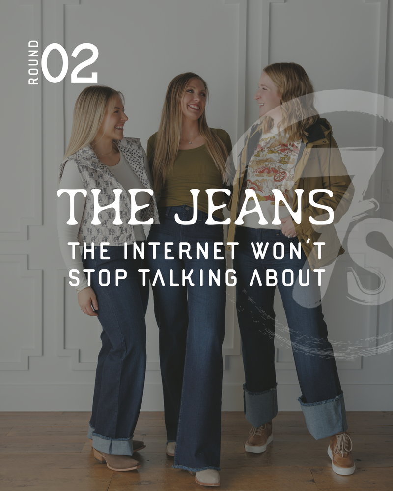 Three women stand together smiling, wearing different wide-leg jeans and casual tops. Text reads: Round 02: The viral jeans the internet won’t stop talking about. The background is a light, elegant interior.