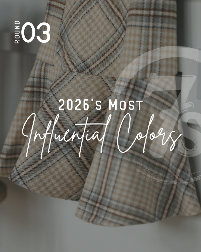 Plaid fabric in beige, cream, and light brown tones with white text overlay that reads Round 03: 2026’s Most Influential Colors. This design features a light, soft aesthetic with a timeless plaid pattern.