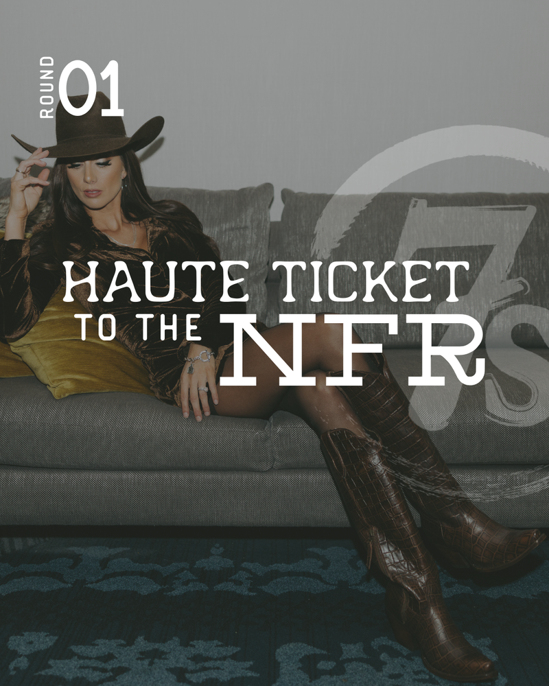 A woman in a cowboy hat and boots sits on a gray couch with gold pillows. Text over the image reads “Round 01: HAUTE TICKET TO THE NFR,” capturing a bold Western vibe.