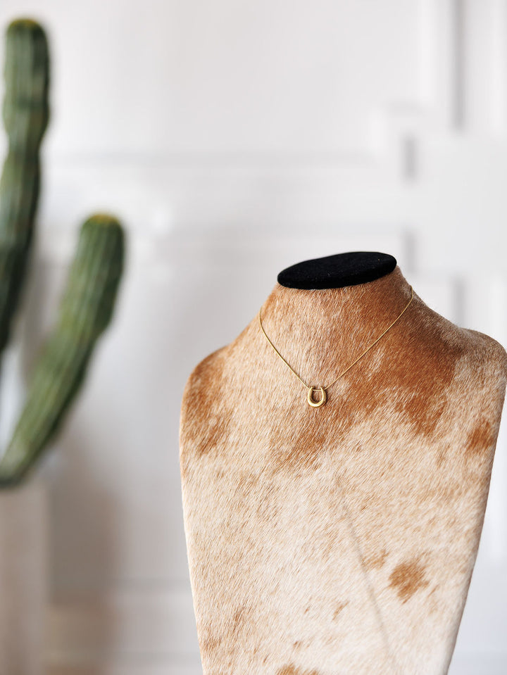 The Lucky Necklace {Gold + Silver} by Savannah Sevens western life{&}style is showcased on a cowhide-patterned display, with a blurred green cactus and a white wall in the background.