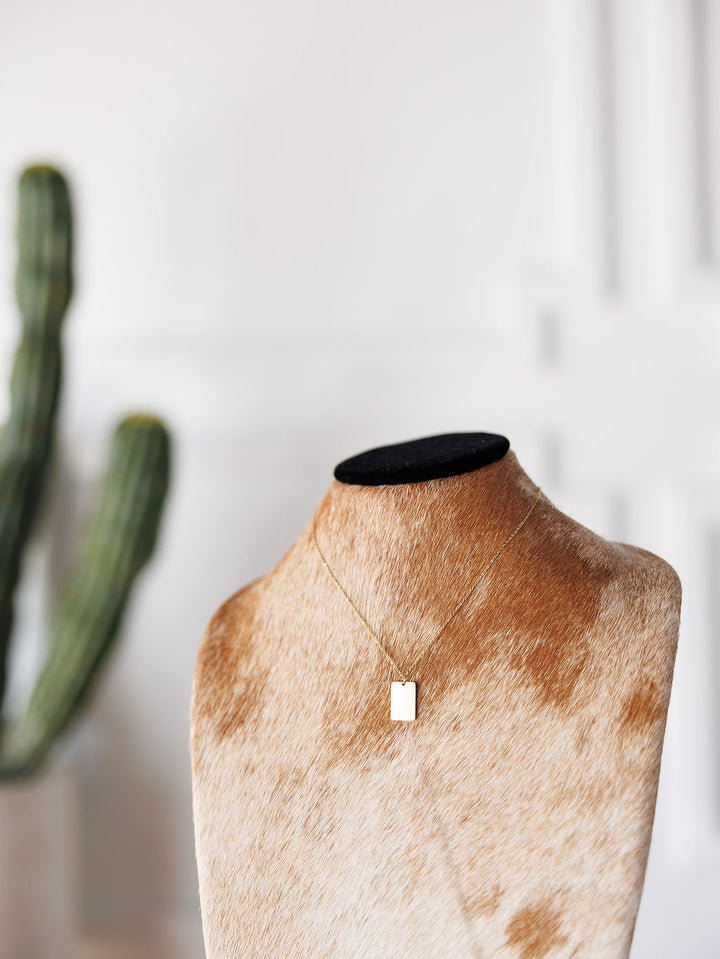 The Avera Necklace by Savannah Sevens western life{&}style, an 18K gold-coated, tarnish-resistant piece with a small rectangular pendant, is shown on a cowhide bust with a blurred green cactus and white wall in the background.