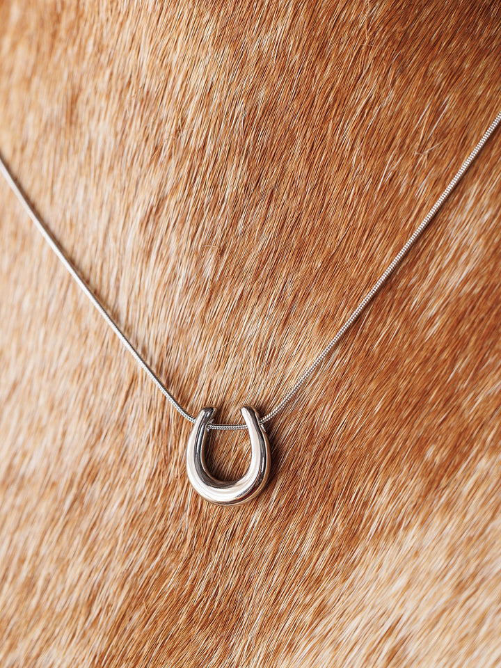 The Lucky Necklace {Gold + Silver} by Savannah Sevens western life{&}style is shown against light brown fur with white spots, accentuating the charm of this stylish horseshoe pendant necklace.
