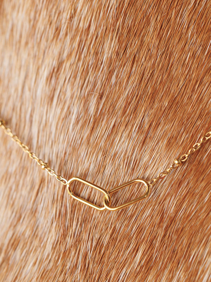 The Toleson Necklace by Savannah Sevens western life{&}style is a delicate, waterproof gold paperclip chain with two interlocking oval links, shown resting on light brown, furry animal fur.
