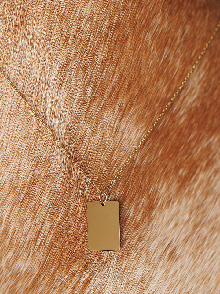 The Avera Necklace by Savannah Sevens western life{&}style, featuring an 18K gold-coated pendant on a delicate chain, is shown resting against reddish-brown and white fur.