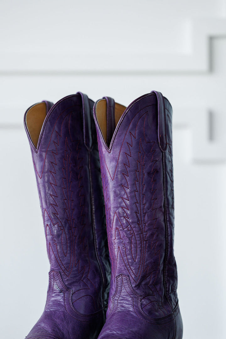 The Maricopa by Savannah Sevens western life{&}style: tall plum leather snip toe western boots with decorative stitching, shown on a white background. Made by Black Star. 