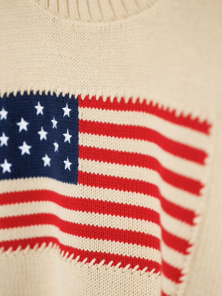 Close-up of The Original {Exclusive} sweater by Savannah Sevens western life{&}style, crafted from 100% cotton with red and white stripes and embroidered white stars on a blue rectangle.