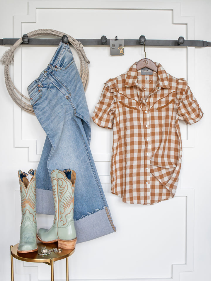 Somona Brown Gingham Pearl Snap Top