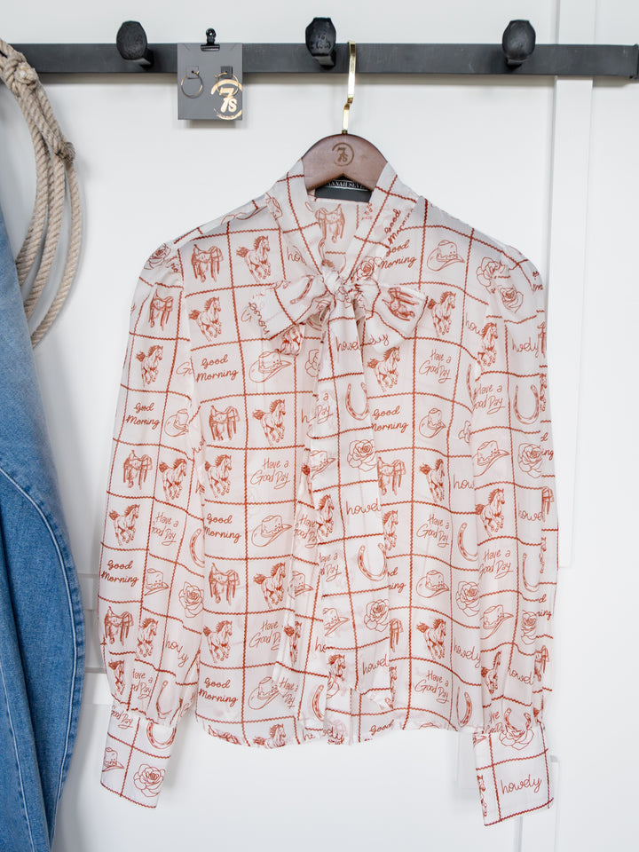 Good Day White Western Graphic Button Up Top