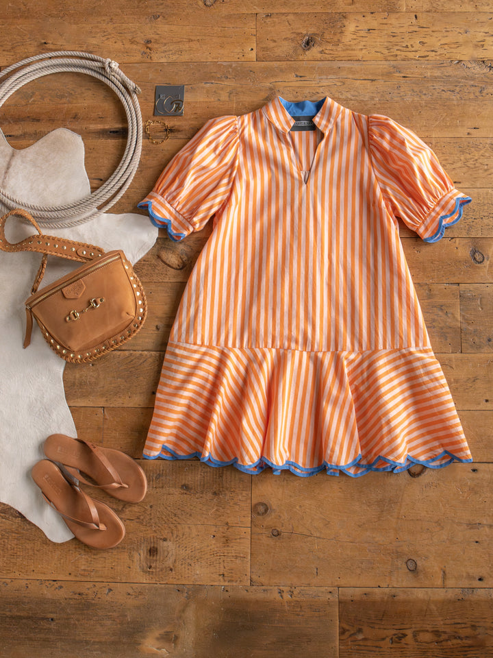 Tyndall Orange Striped Puff Sleeve Dress