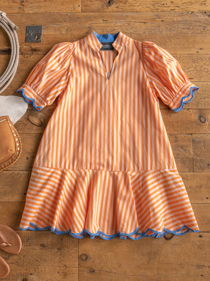Tyndall Orange Striped Puff Sleeve Dress
