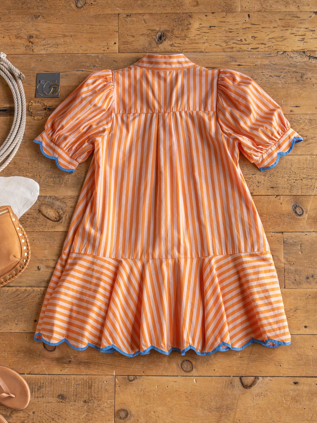 Tyndall Orange Striped Puff Sleeve Dress