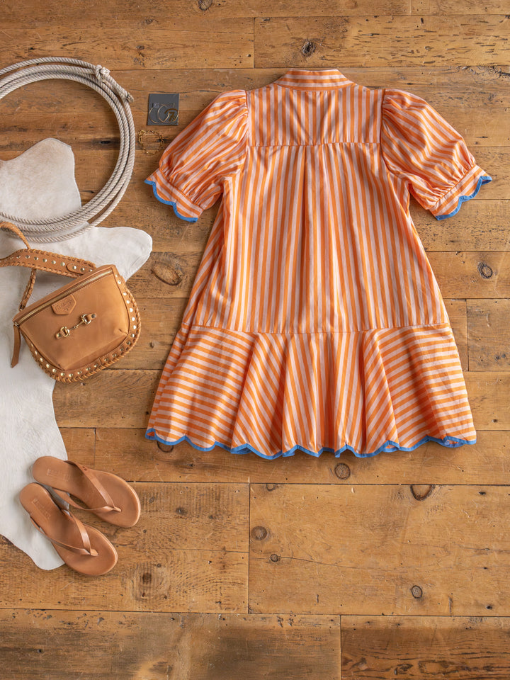 Tyndall Orange Striped Puff Sleeve Dress