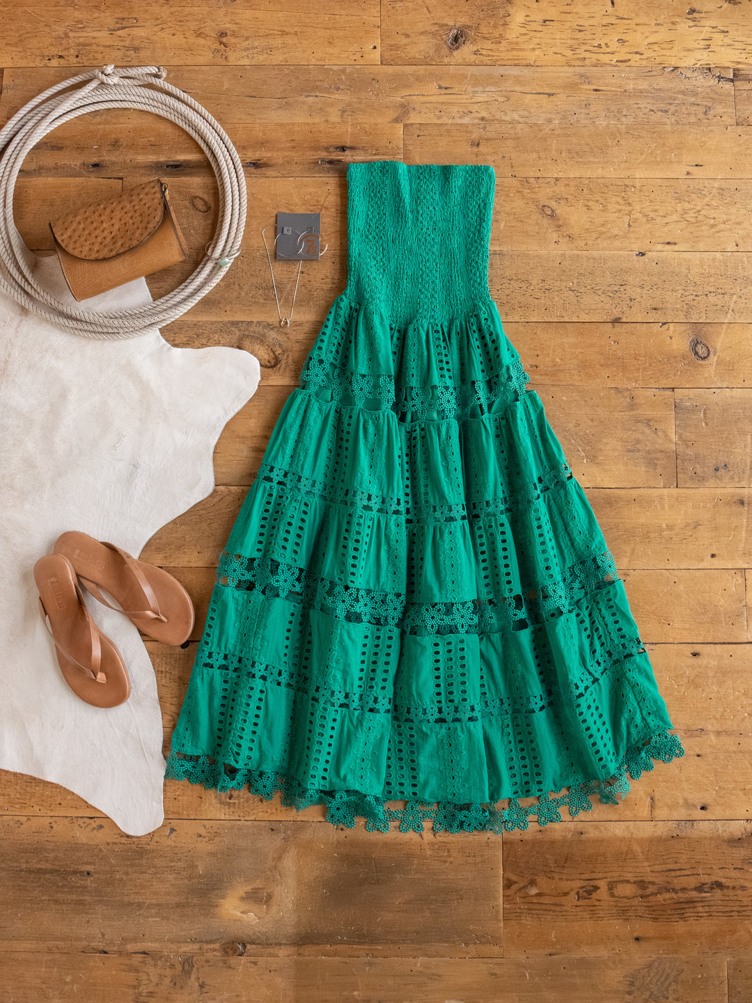 Tekoa Jade Teal Crochet Strapless Dress