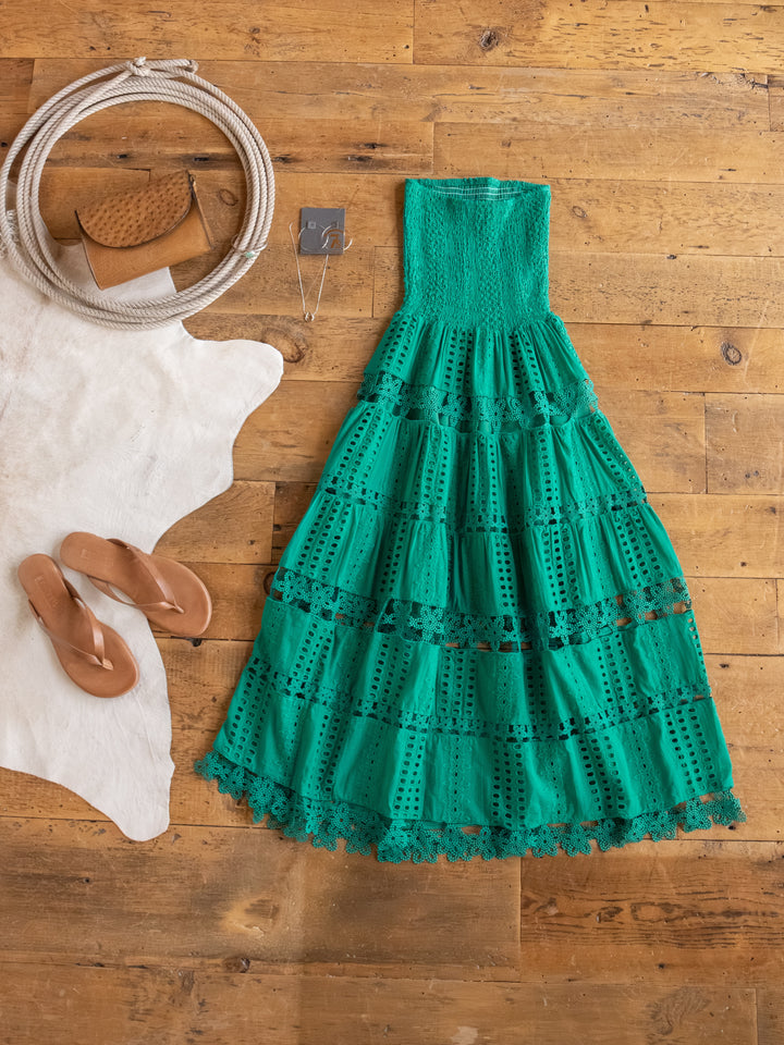 Tekoa Jade Teal Crochet Strapless Dress