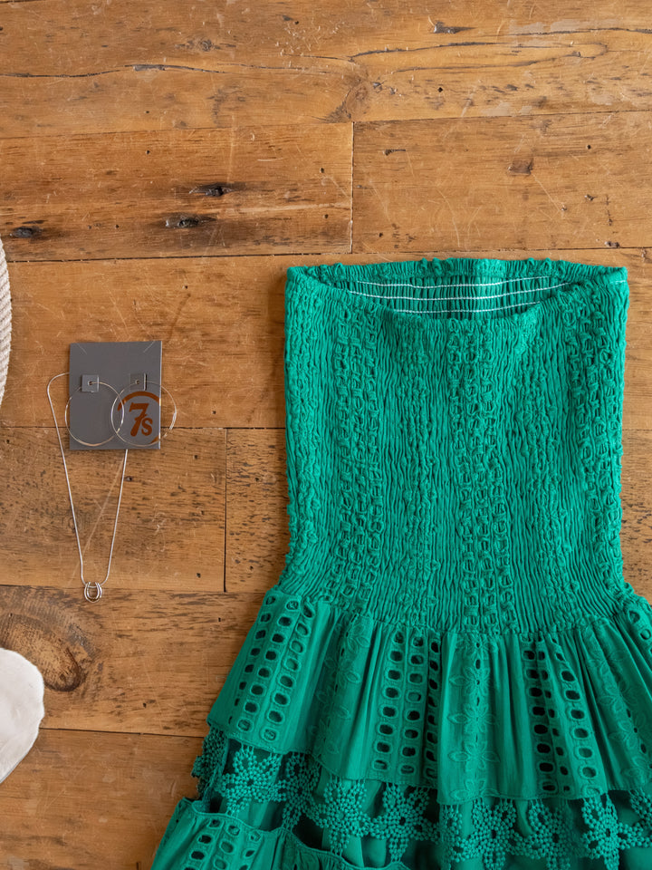 Tekoa Jade Teal Crochet Strapless Dress
