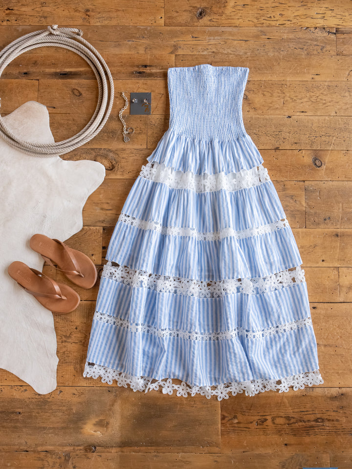 Lantana Blue Striped Shirred Dress
