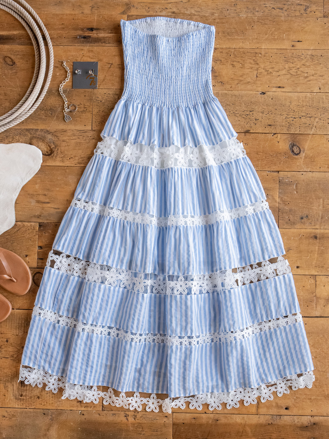 Lantana Blue Striped Shirred Dress
