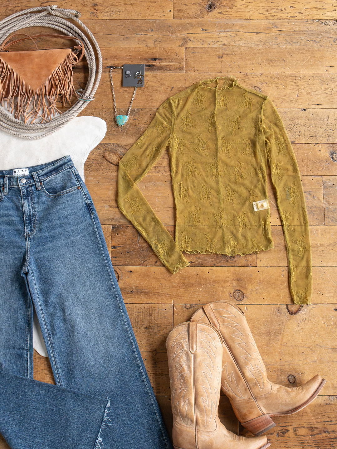 Safford Chartreuse Lace Mesh Top