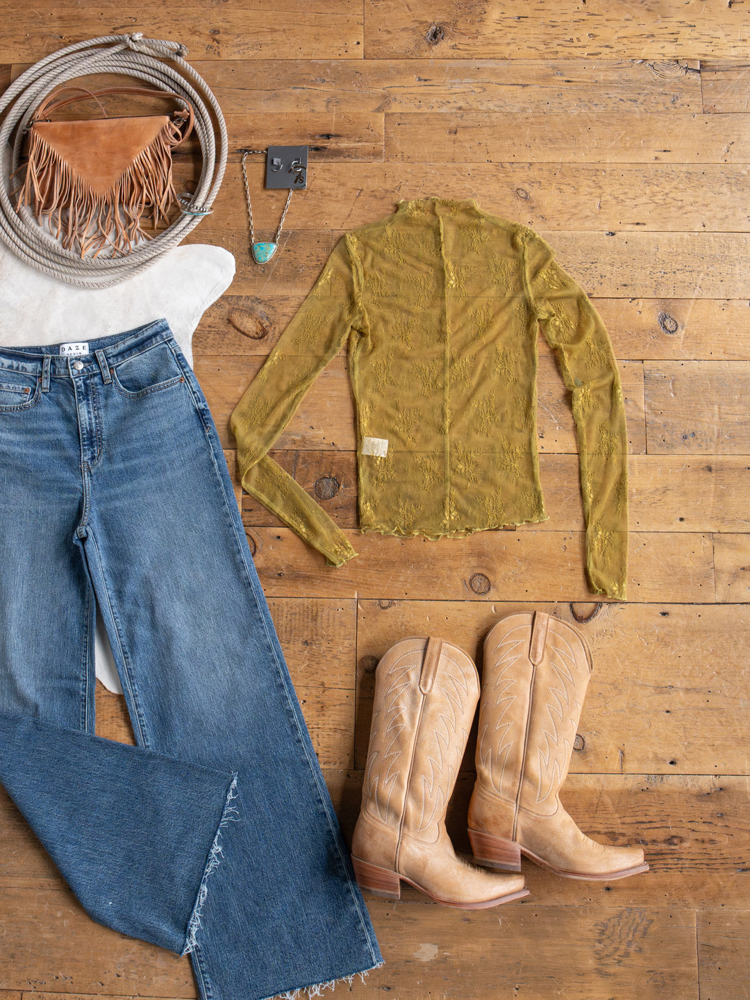 Safford Chartreuse Lace Mesh Top