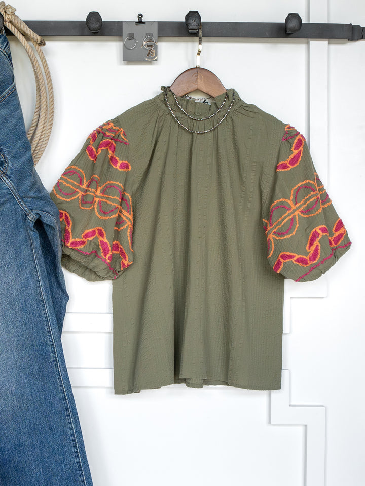 Cusick Olive Puff Sleeve Top