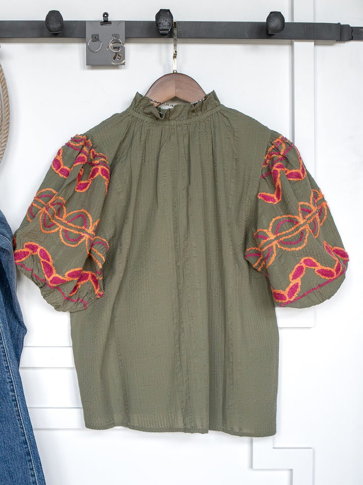 Cusick Olive Puff Sleeve Top