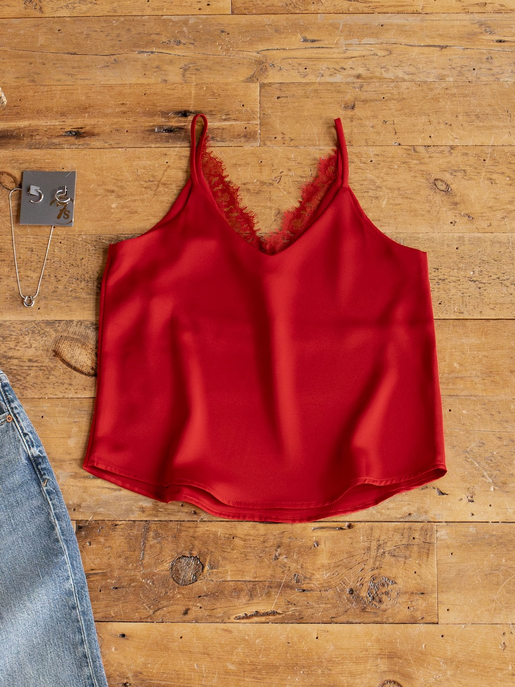 Enderlin Red Lace Trim Satin Tank