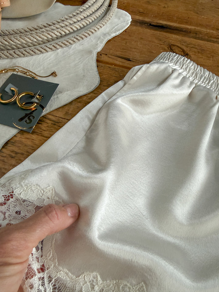 Elyria Satin Lace Trim Shorts
