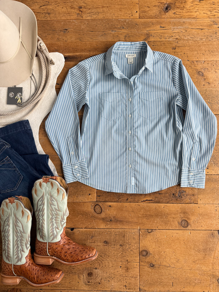 Leedey Slate Blue Striped Button Up Top