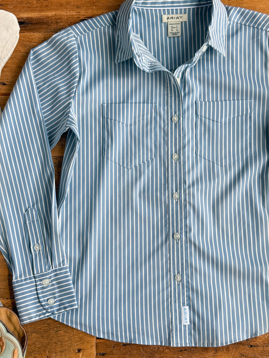Leedey Slate Blue Striped Button Up Top