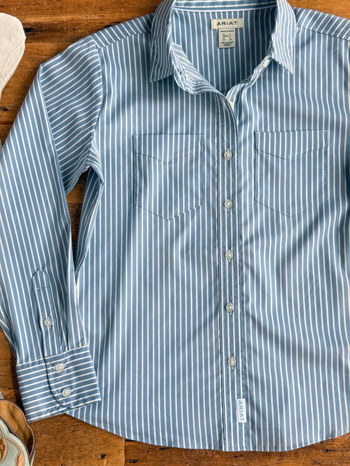 Leedey Slate Blue Striped Button Up Top