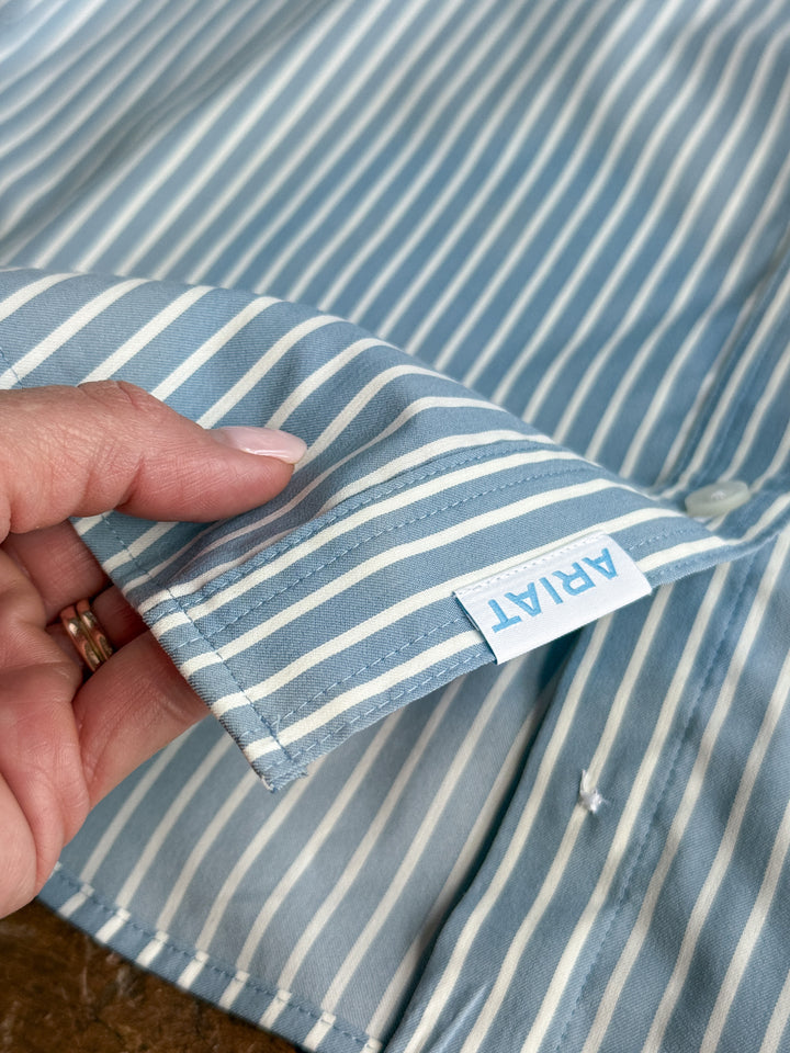 Leedey Slate Blue Striped Button Up Top