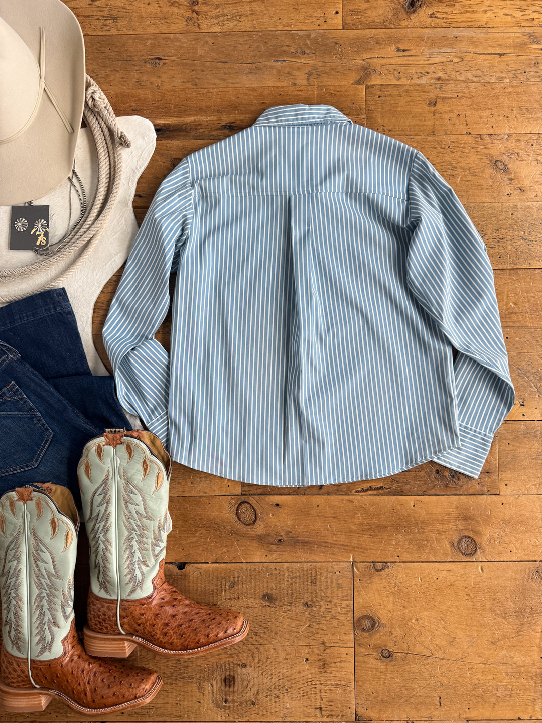 Leedey Slate Blue Striped Button Up Top