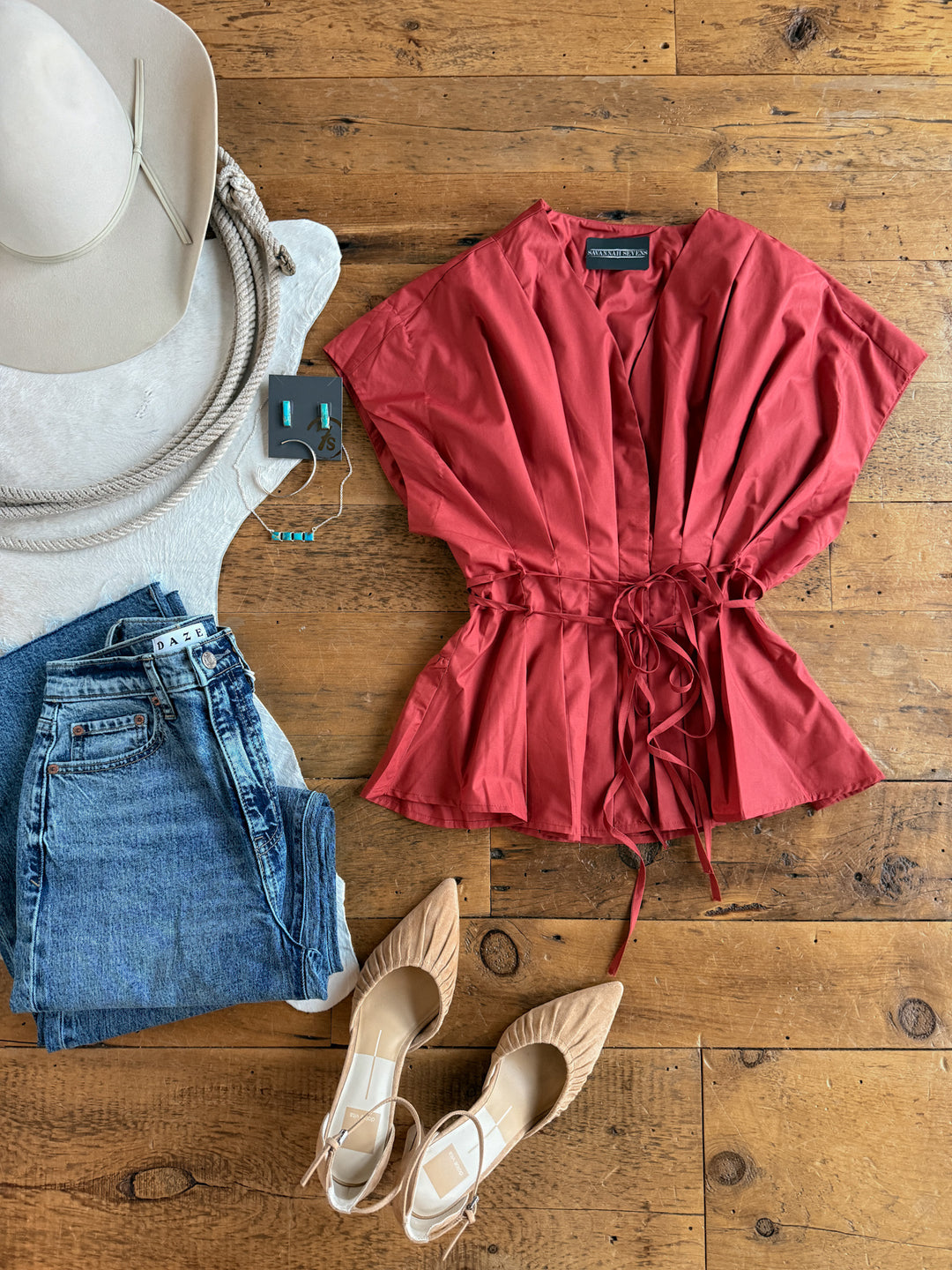Keota Terracotta Red Pleat Top