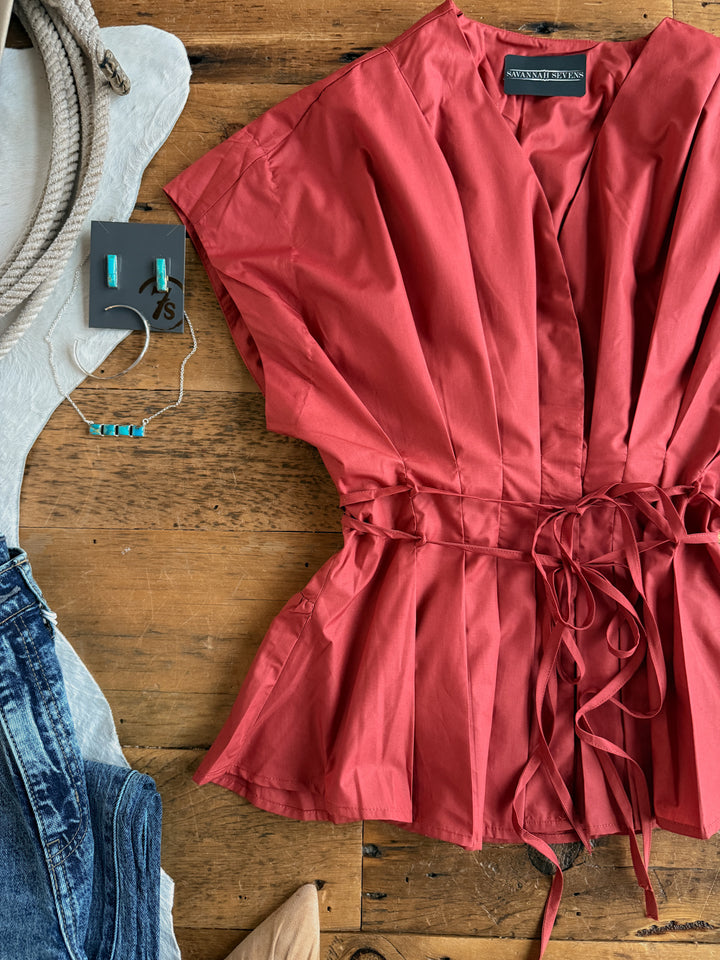 Keota Terracotta Red Pleat Top
