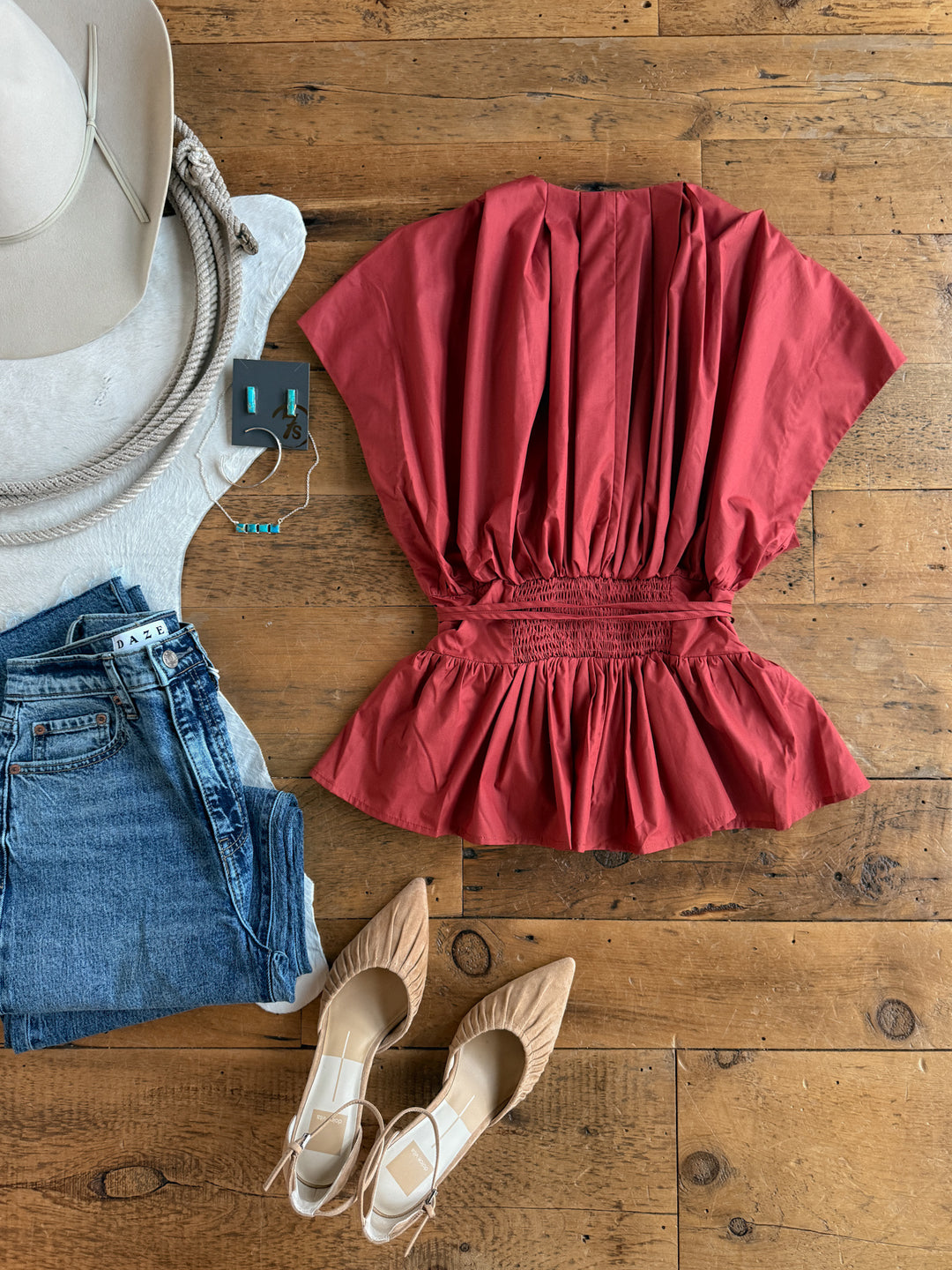 Keota Terracotta Red Pleat Top