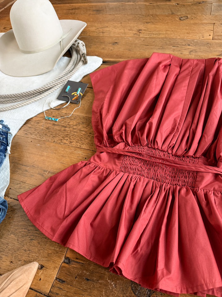 Keota Terracotta Red Pleat Top