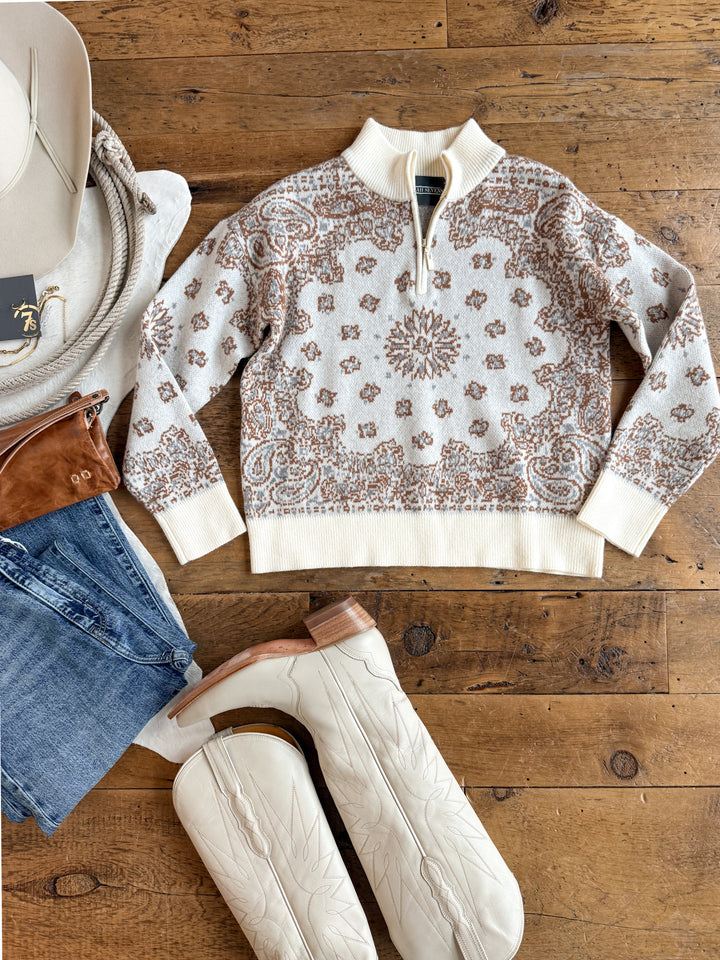 Shiloh Cream Paisley Quarter Zip Sweater