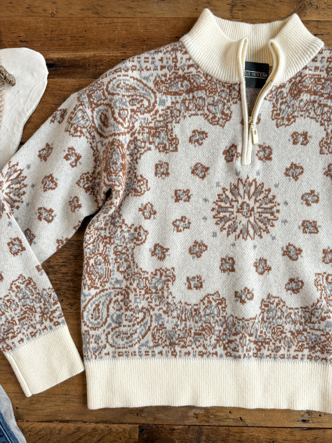 Shiloh Cream Paisley Quarter Zip Sweater