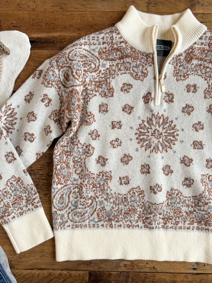 Shiloh Cream Paisley Quarter Zip Sweater