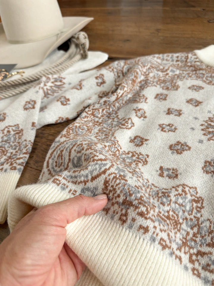 Shiloh Cream Paisley Quarter Zip Sweater