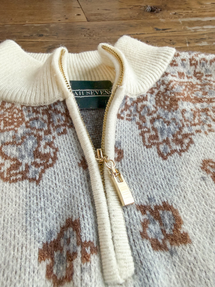 Shiloh Cream Paisley Quarter Zip Sweater