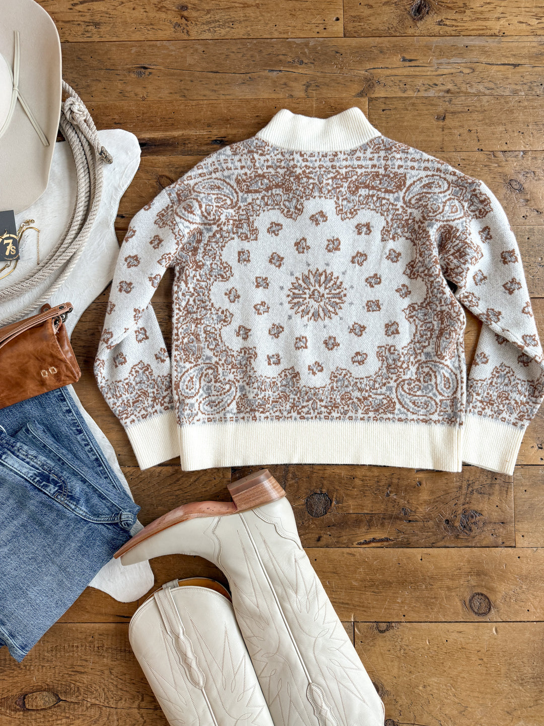 Shiloh Cream Paisley Quarter Zip Sweater