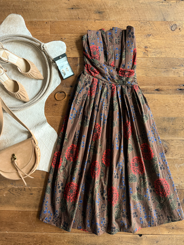Coppell Brown Floral Strapless Dress