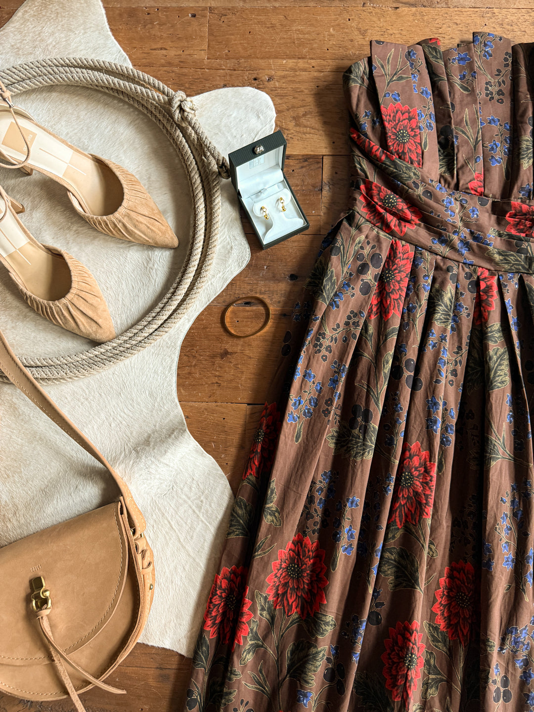 Coppell Brown Floral Strapless Dress